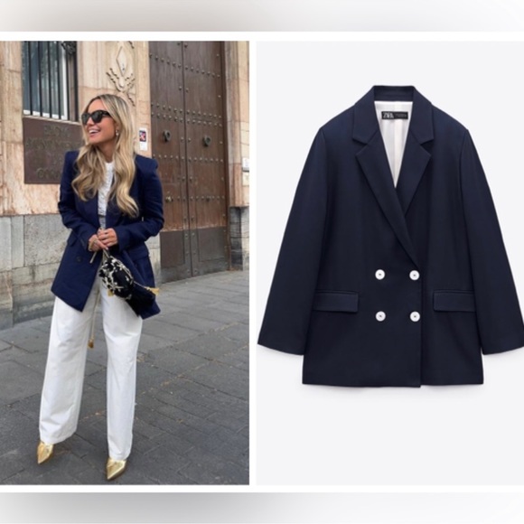 ZARA NAVY BLUE DOUBLE BREASTED BLAZER - Picture 2 of 14